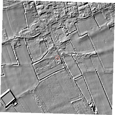 Shaded relief map of the ground around PE227SD, computed from Environment Agency LiDAR. The ground here sits at about 5 m above sea level and falls 7 m across the surrounding 800 m. Surface water reaching this point runs off ground lying to the north-north-west, 4.0 m higher.