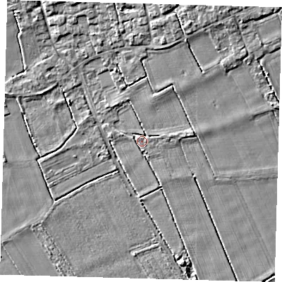 Shaded relief map of the ground around PE227SF, computed from Environment Agency LiDAR. The ground here sits at about 5 m above sea level and falls 7 m across the surrounding 800 m. Surface water reaching this point runs off ground lying to the north-north-east, 3.7 m higher.