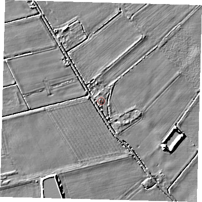 Shaded relief map of the ground around PE227ST, computed from Environment Agency LiDAR. The ground here sits at about 7 m above sea level and falls 5 m across the surrounding 800 m. Surface water reaching this point runs off ground lying to the north-north-west, 3.5 m higher.