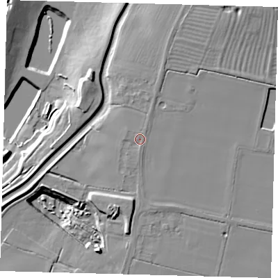 Shaded relief map of the ground around PE227TA, computed from Environment Agency LiDAR. The ground here sits at about 12 m above sea level and falls 19 m across the surrounding 800 m. Surface water reaching this point runs off ground lying to the north-east, 0.9 m higher.