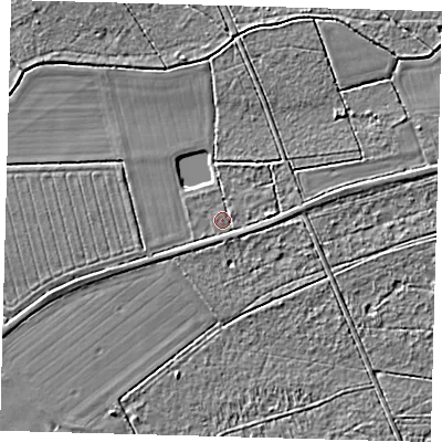Shaded relief map of the ground around PE227TD, computed from Environment Agency LiDAR. The ground here sits at about 9 m above sea level and falls 4 m across the surrounding 800 m. Surface water reaching this point runs off ground lying to the south-west, 1.2 m higher.