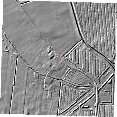 Shaded relief map of the ground around PE228AH, computed from Environment Agency LiDAR. The ground here sits at about 3 m above sea level and falls 6 m across the surrounding 800 m. Surface water reaching this point runs off ground lying to the east-south-east, 0.6 m higher.