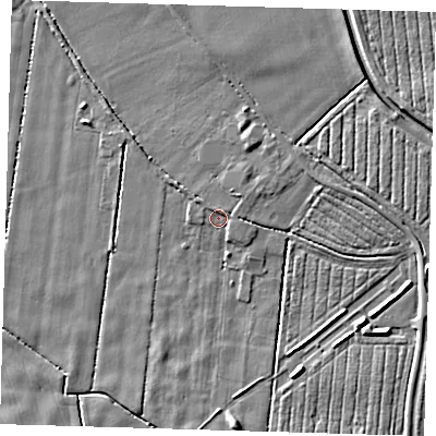 Shaded relief map of the ground around PE228AL, computed from Environment Agency LiDAR. The ground here sits at about 2 m above sea level and falls 4 m across the surrounding 800 m. Surface water reaching this point runs off ground lying to the north-east, 1.2 m higher.