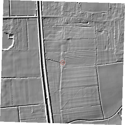 Shaded relief map of the ground around PE228AP, computed from Environment Agency LiDAR. The ground here sits at about 3 m above sea level and falls 8 m across the surrounding 800 m. Surface water reaching this point runs off ground lying to the east, 5.8 m higher.