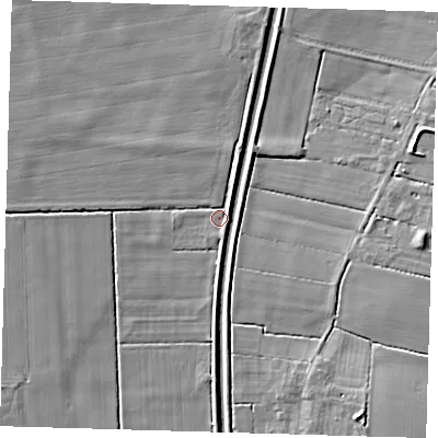 Shaded relief map of the ground around PE228AS, computed from Environment Agency LiDAR. The ground here sits at about 1 m above sea level and falls 6 m across the surrounding 800 m. Surface water reaching this point runs off ground lying to the south, 2.6 m higher.