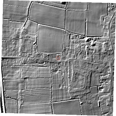 Shaded relief map of the ground around PE228BA, computed from Environment Agency LiDAR. The ground here sits at about 6 m above sea level and falls 10 m across the surrounding 800 m. Surface water reaching this point runs off ground lying to the east, 2.6 m higher.
