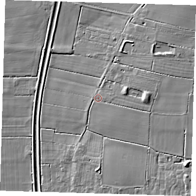 Shaded relief map of the ground around PE228BD, computed from Environment Agency LiDAR. The ground here sits at about 4 m above sea level and falls 10 m across the surrounding 800 m. Surface water reaching this point runs off ground lying to the east, 4.8 m higher.