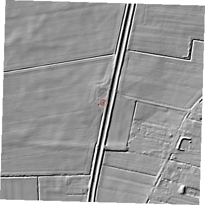 Shaded relief map of the ground around PE228BE, computed from Environment Agency LiDAR. The ground here sits at about 2 m above sea level and falls 6 m across the surrounding 800 m. Surface water reaching this point runs off ground lying to the north-north-east, 1.4 m higher.