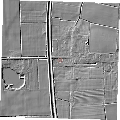 Shaded relief map of the ground around PE228BG, computed from Environment Agency LiDAR. The ground here sits at about 2 m above sea level and falls 7 m across the surrounding 800 m. Surface water reaching this point runs off ground lying to the west-north-west, 2.5 m higher.