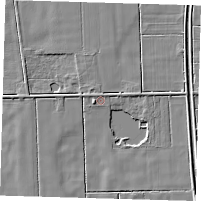 Shaded relief map of the ground around PE228BH, computed from Environment Agency LiDAR. The ground here sits at about 2 m above sea level and falls 4 m across the surrounding 800 m. Surface water reaching this point runs off ground lying to the west-south-west, 1.6 m higher.