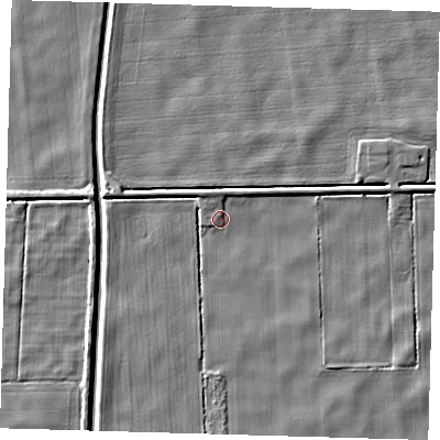 Shaded relief map of the ground around PE228BJ, computed from Environment Agency LiDAR. The ground here sits at about 2 m above sea level and falls 4 m across the surrounding 800 m. Surface water reaching this point runs off ground lying to the north-north-west, 2.2 m higher.