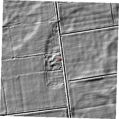 Shaded relief map of the ground around PE228BN, computed from Environment Agency LiDAR. The ground here sits at about 2 m above sea level and falls 3 m across the surrounding 800 m. Surface water reaching this point runs off ground lying to the west, 1.9 m higher.