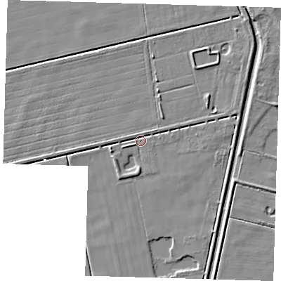 Shaded relief map of the ground around PE228BP, computed from Environment Agency LiDAR. The ground here sits at about 2 m above sea level and falls 4 m across the surrounding 800 m. Surface water reaching this point runs off ground lying to the west-south-west, 3.0 m higher.