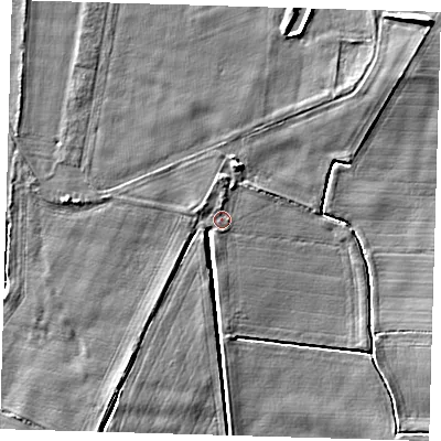 Shaded relief map of the ground around PE228BU, computed from Environment Agency LiDAR. The ground here sits at about 5 m above sea level and falls 8 m across the surrounding 800 m. Surface water reaching this point runs off ground lying to the north-west, 0.8 m higher.
