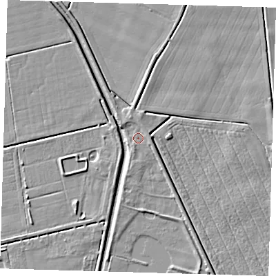 Shaded relief map of the ground around PE228BX, computed from Environment Agency LiDAR. The ground here sits at about 2 m above sea level and falls 4 m across the surrounding 800 m. Surface water reaching this point runs off ground lying to the east-north-east, 1.7 m higher.