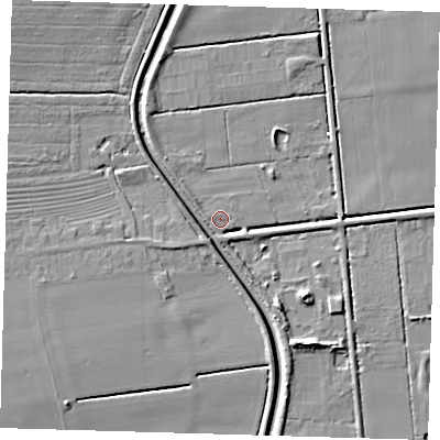 Shaded relief map of the ground around PE228DJ, computed from Environment Agency LiDAR. The ground here sits at about 2 m above sea level and falls 8 m across the surrounding 800 m. Surface water reaching this point runs off ground lying to the south-west, 1.6 m higher.