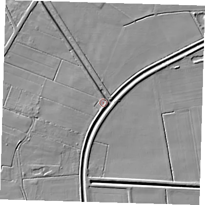 Shaded relief map of the ground around PE228DP, computed from Environment Agency LiDAR. The ground here sits at about 3 m above sea level and falls 7 m across the surrounding 800 m. Surface water reaching this point runs off ground lying to the north-north-west, 3.4 m higher.