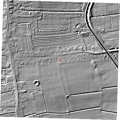 Shaded relief map of the ground around PE228DQ, computed from Environment Agency LiDAR. The ground here sits at about 5 m above sea level and falls 9 m across the surrounding 800 m. Surface water reaching this point runs off ground lying to the south-west, 3.5 m higher.