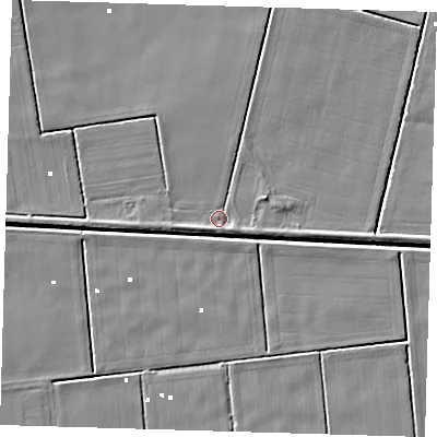 Shaded relief map of the ground around PE228DR, computed from Environment Agency LiDAR. The ground here sits at about 0 m above sea level and falls 4 m across the surrounding 800 m. Surface water reaching this point runs off ground lying to the east-north-east, 2.8 m higher.