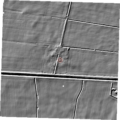 Shaded relief map of the ground around PE228DS, computed from Environment Agency LiDAR. The ground here sits at about 1 m above sea level and falls 4 m across the surrounding 800 m. Surface water reaching this point runs off ground lying to the south-west, 2.0 m higher.