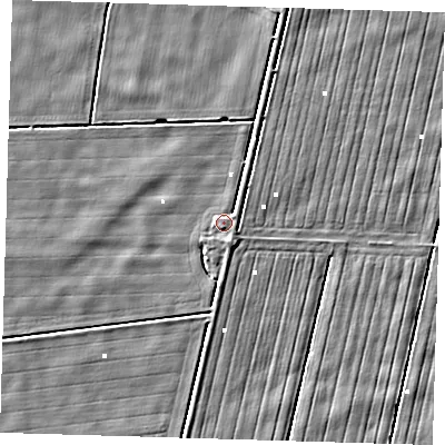 Shaded relief map of the ground around PE228DT, computed from Environment Agency LiDAR. The ground here sits at about 1 m above sea level and falls 3 m across the surrounding 800 m. Surface water reaching this point runs off ground lying to the east-north-east, 1.4 m higher.