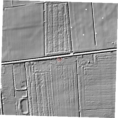 Shaded relief map of the ground around PE228DU, computed from Environment Agency LiDAR. The ground here sits at about 2 m above sea level and falls 5 m across the surrounding 800 m. Surface water reaching this point runs off ground lying to the east-north-east, 4.4 m higher.