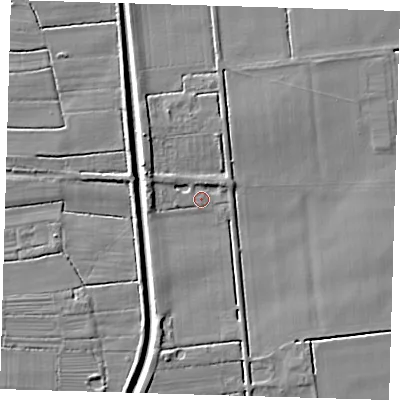 Shaded relief map of the ground around PE228DW, computed from Environment Agency LiDAR. The ground here sits at about 2 m above sea level and falls 6 m across the surrounding 800 m. Surface water reaching this point runs off ground lying to the west, 3.2 m higher.