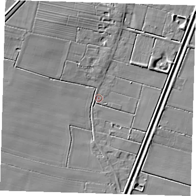 Shaded relief map of the ground around PE228EY, computed from Environment Agency LiDAR. The ground here sits at about 2 m above sea level and falls 11 m across the surrounding 800 m. Surface water reaching this point runs off ground lying to the west, 7.6 m higher.