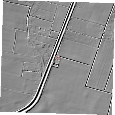 Shaded relief map of the ground around PE228EZ, computed from Environment Agency LiDAR. The ground here sits at about 1 m above sea level and falls 7 m across the surrounding 800 m. Surface water reaching this point runs off ground lying to the south-west, 3.5 m higher.
