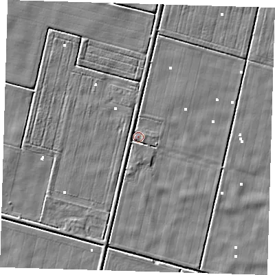 Shaded relief map of the ground around PE228HF, computed from Environment Agency LiDAR. The ground here sits at about -0 m above sea level and falls 3 m across the surrounding 800 m. Surface water reaching this point runs off ground lying to the west-south-west, 1.9 m higher.