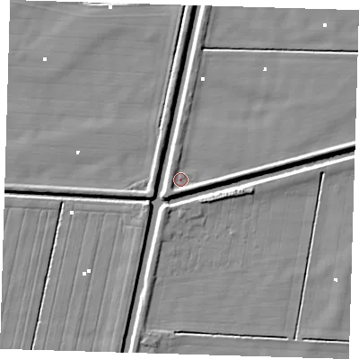 Shaded relief map of the ground around PE228HH, computed from Environment Agency LiDAR. The ground here sits at about 0 m above sea level and falls 4 m across the surrounding 800 m. Surface water reaching this point runs off ground lying to the south-west, 2.7 m higher.