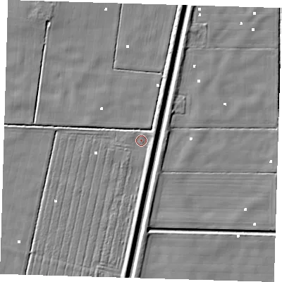 Shaded relief map of the ground around PE228HJ, computed from Environment Agency LiDAR. The ground here sits at about 0 m above sea level and falls 4 m across the surrounding 800 m. Surface water reaching this point runs off ground lying to the south-south-east, 2.4 m higher.