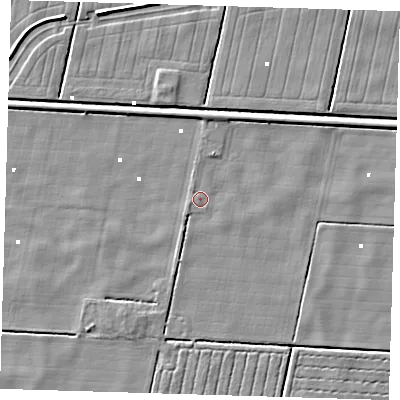 Shaded relief map of the ground around PE228HR, computed from Environment Agency LiDAR. The ground here sits at about 1 m above sea level and falls 5 m across the surrounding 800 m. Surface water reaching this point runs off ground lying to the south-west, 0.5 m higher.