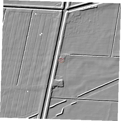 Shaded relief map of the ground around PE228HW, computed from Environment Agency LiDAR. The ground here sits at about 0 m above sea level and falls 4 m across the surrounding 800 m. Surface water reaching this point runs off ground lying to the south-south-west, 2.8 m higher.