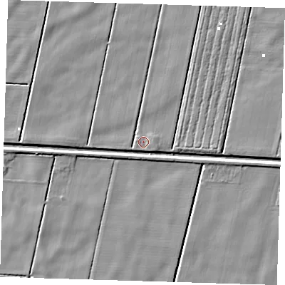 Shaded relief map of the ground around PE228JB, computed from Environment Agency LiDAR. The ground here sits at about 0 m above sea level and falls 4 m across the surrounding 800 m. Surface water reaching this point runs off ground lying to the east, 1.0 m higher.