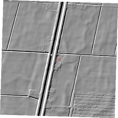 Shaded relief map of the ground around PE228JD, computed from Environment Agency LiDAR. The ground here sits at about 1 m above sea level and falls 5 m across the surrounding 800 m. Surface water reaching this point runs off ground lying to the south-west, 2.1 m higher.