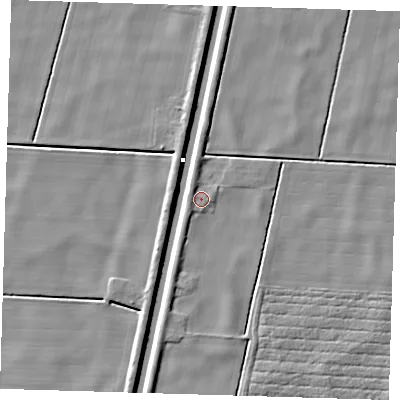 Shaded relief map of the ground around PE228JE, computed from Environment Agency LiDAR. The ground here sits at about 1 m above sea level and falls 5 m across the surrounding 800 m. Surface water reaching this point runs off ground lying to the north-west, 1.7 m higher.