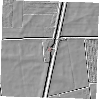 Shaded relief map of the ground around PE228JF, computed from Environment Agency LiDAR. The ground here sits at about 1 m above sea level and falls 6 m across the surrounding 800 m. Surface water reaching this point runs off ground lying to the south-west, 3.5 m higher.