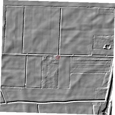 Shaded relief map of the ground around PE228JG, computed from Environment Agency LiDAR. The ground here sits at about 1 m above sea level and falls 5 m across the surrounding 800 m. Surface water reaching this point runs off ground lying to the west, 1.0 m higher.