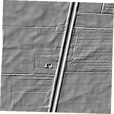 Shaded relief map of the ground around PE228JH, computed from Environment Agency LiDAR. The ground here sits at about 2 m above sea level and falls 5 m across the surrounding 800 m. Surface water reaching this point runs off ground lying to the north-north-east, 1.9 m higher.
