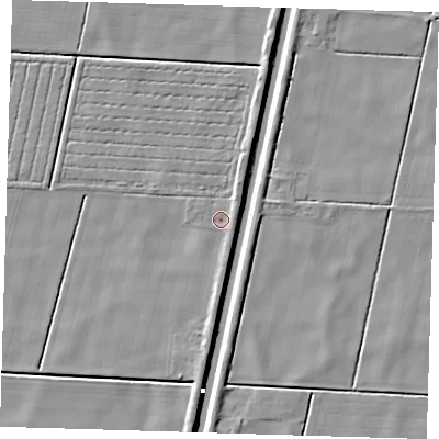 Shaded relief map of the ground around PE228JJ, computed from Environment Agency LiDAR. The ground here sits at about 1 m above sea level and falls 5 m across the surrounding 800 m. Surface water reaching this point runs off ground lying to the south, 1.7 m higher.