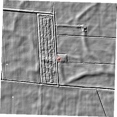 Shaded relief map of the ground around PE228JQ, computed from Environment Agency LiDAR. The ground here sits at about 1 m above sea level and falls 3 m across the surrounding 800 m. Surface water reaching this point runs off ground lying to the south-west, 1.0 m higher.