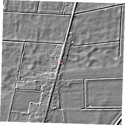 Shaded relief map of the ground around PE228JR, computed from Environment Agency LiDAR. The ground here sits at about 0 m above sea level and falls 4 m across the surrounding 800 m. Surface water reaching this point runs off ground lying to the south-south-west, 1.7 m higher.