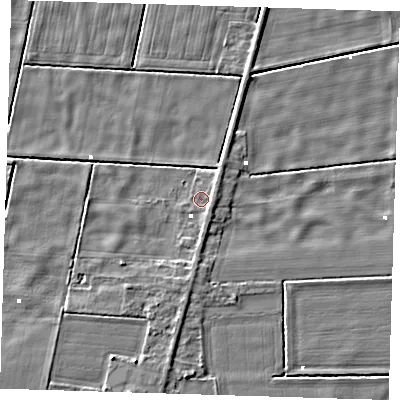 Shaded relief map of the ground around PE228JT, computed from Environment Agency LiDAR. The ground here sits at about -0 m above sea level and falls 4 m across the surrounding 800 m. Surface water reaching this point runs off ground lying to the east, 1.2 m higher.