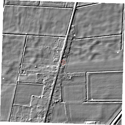 Shaded relief map of the ground around PE228JX, computed from Environment Agency LiDAR. The ground here sits at about 0 m above sea level and falls 4 m across the surrounding 800 m. Surface water reaching this point runs off ground lying to the south-south-west, 1.2 m higher.