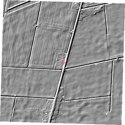 Shaded relief map of the ground around PE228JZ, computed from Environment Agency LiDAR. The ground here sits at about -0 m above sea level and falls 3 m across the surrounding 800 m. Surface water reaching this point runs off ground lying to the north-east, 1.3 m higher.