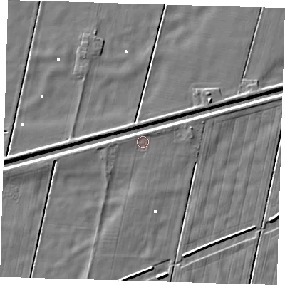Shaded relief map of the ground around PE228LA, computed from Environment Agency LiDAR. The ground here sits at about 0 m above sea level and falls 5 m across the surrounding 800 m. Surface water reaching this point runs off ground lying to the north-north-east, 1.1 m higher.