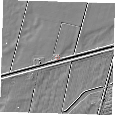 Shaded relief map of the ground around PE228LB, computed from Environment Agency LiDAR. The ground here sits at about 1 m above sea level and falls 5 m across the surrounding 800 m. Surface water reaching this point runs off ground lying to the south-west, 1.3 m higher.