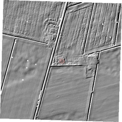 Shaded relief map of the ground around PE228LD, computed from Environment Agency LiDAR. The ground here sits at about 0 m above sea level and falls 3 m across the surrounding 800 m. Surface water reaching this point runs off ground lying to the east-south-east, 1.5 m higher.
