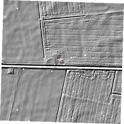 Shaded relief map of the ground around PE228LF, computed from Environment Agency LiDAR. The ground here sits at about 1 m above sea level and falls 3 m across the surrounding 800 m. Surface water reaching this point runs off ground lying to the west-south-west, 1.9 m higher.